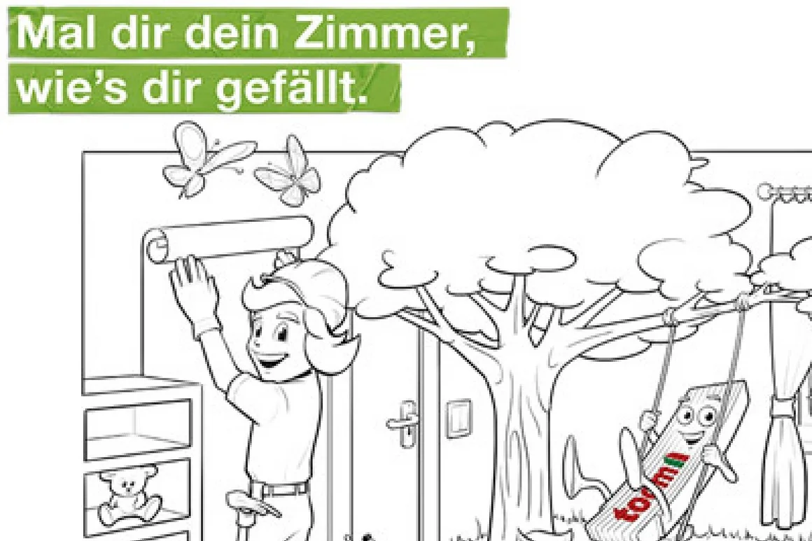 Tom und Zolli Malvorlage " Mal dir dein Zimmer, wie´s dir gefällt": Person bringt Tapete mit Kleister an